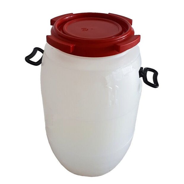 HDPE BARREL 60L WITHOUT UN WHITE / RED, SCREW COVER MOBILE HANDLES ON THE SIDE OF SUD