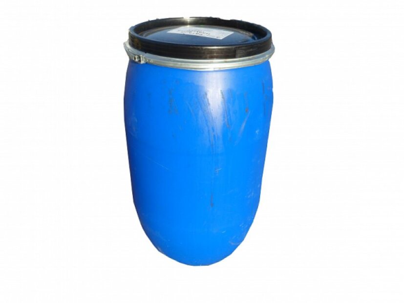 PE BARREL 220 L USED, BLUE REMOVABLE LID + LEVER CLUTCH