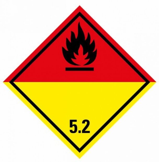 ADR SELF-ADHESIVE STICKER - CLASS 5.2 ORGANIC PEROXIDES - BLACK FLAME (10 x 10 CM) LABEL 290052